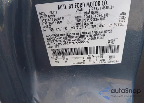 2012 Ford Escape Limited z USA, uszkodzony, nr VIN 1FMCU9EG7CKA50569